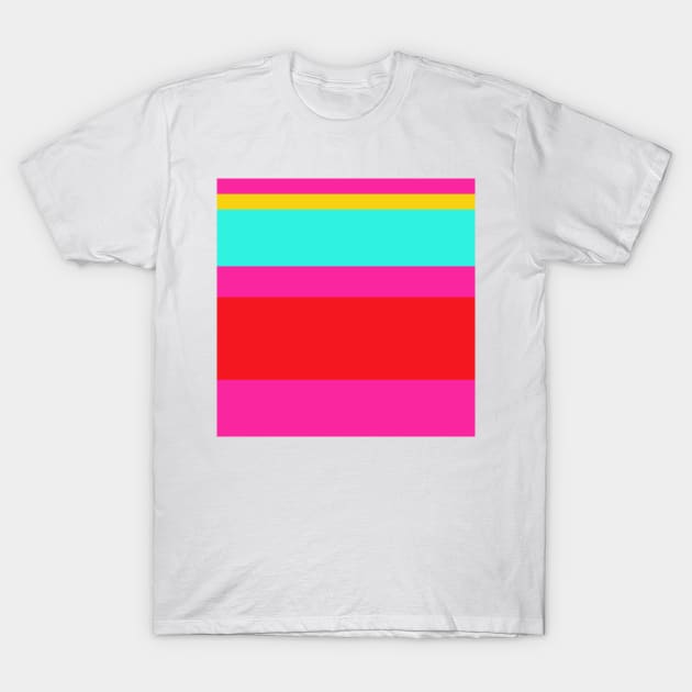 An uncommon hybrid of Cherry Red, Persian Rose, Metallic Yellow and Fluorescent Blue stripes. T-Shirt by Sociable Stripes